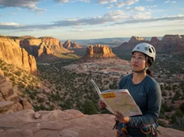 A female climber looks over a climbing landscape showing open access and threats like development, holding a map, illustrating the decoding of access issues.