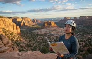 Decoding Climbing Access: Threats & Solutions A female climber looks over a climbing landscape showing open access and threats like development, holding a map, illustrating the decoding of access issues.