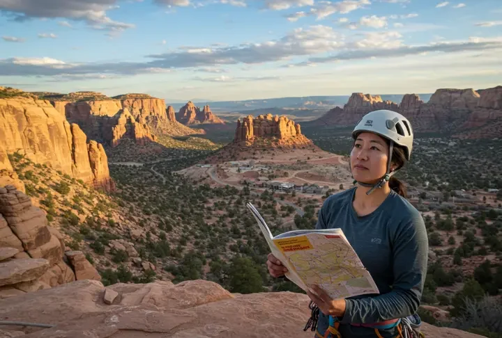 A female climber looks over a climbing landscape showing open access and threats like development, holding a map, illustrating the decoding of access issues.