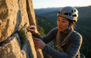 Guardians of the Rock: Protecting Cliff Ecosystems A female climber respectfully examines a rare plant growing on a cliff face, embodying the role of a guardian in protecting fragile cliff ecosystems.