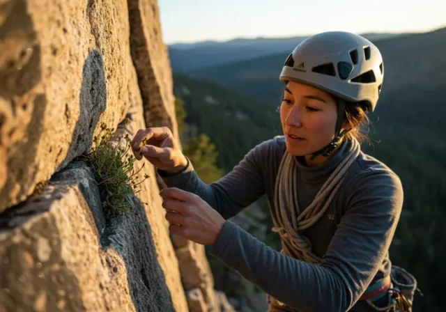 A female climber respectfully examines a rare plant growing on a cliff face, embodying the role of a guardian in protecting fragile cliff ecosystems.