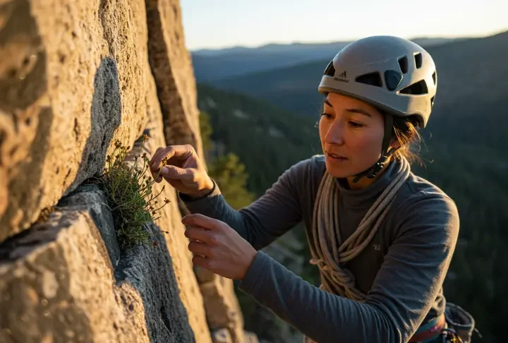 A female climber respectfully examines a rare plant growing on a cliff face, embodying the role of a guardian in protecting fragile cliff ecosystems.