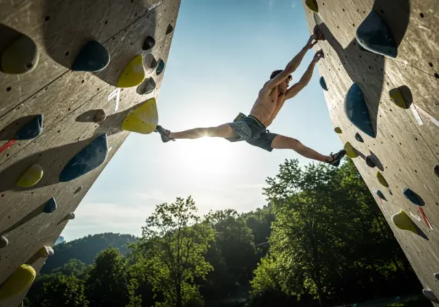 A male rock climber mid-air, performing an explosive dyno on an outdoor rock wall, showcasing peak power with a high protein high fat low carb diet.