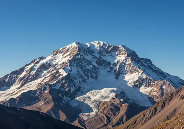 A majestic, wide-angle view of Mount Aconcagua, the highest mountain in the Americas, showing its snow-covered peak and visible climbing routes under a clear sky.