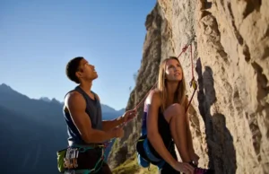 Your Ketogenic Diet: How to Begin for the Ascent Two climbers, a man and a woman of diverse ethnicities, preparing at the base of a sunny rock climbing ascent, illustrating the start of a ketogenic diet journey for climbing performance.
