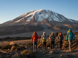 A diverse group of four climbers ascending a path on Mount Kilimanjaro under a clear sky, illustrating Kilimanjaro training and summit preparation.
