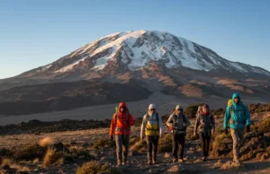 Kilimanjaro Training: Master Altitude & Summit Prep A diverse group of four climbers ascending a path on Mount Kilimanjaro under a clear sky, illustrating Kilimanjaro training and summit preparation.
