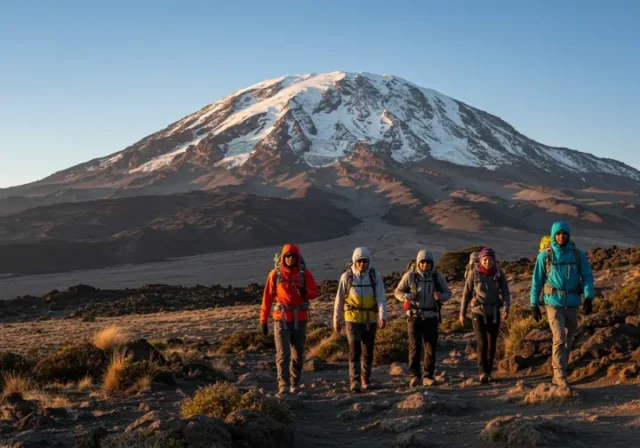 A diverse group of four climbers ascending a path on Mount Kilimanjaro under a clear sky, illustrating Kilimanjaro training and summit preparation.