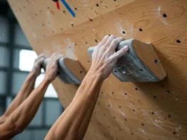 Hands of two diverse climbers gripping a wooden hangboard, representing a beginner's training plan for finger strength in rock climbing.