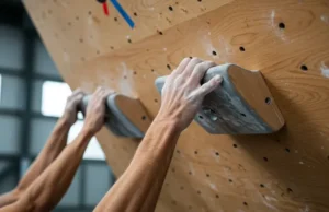 Mastering the Hangboard: A Beginner’s Training Plan Hands of two diverse climbers gripping a wooden hangboard, representing a beginner's training plan for finger strength in rock climbing.