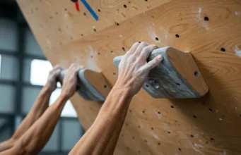 Mastering the Hangboard: A Beginner’s Training Plan Hands of two diverse climbers gripping a wooden hangboard, representing a beginner's training plan for finger strength in rock climbing.