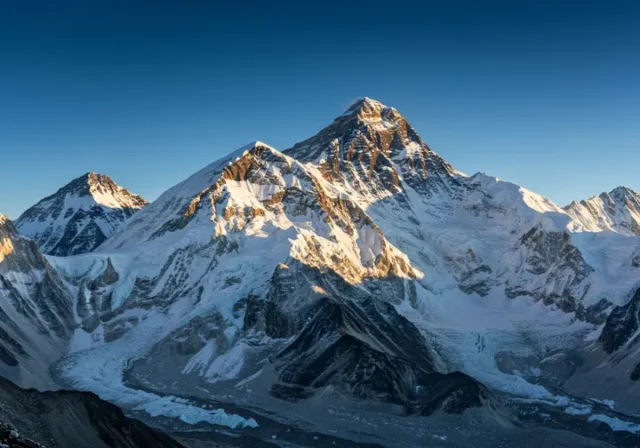 A photorealistic image of Mount Everest, the world's highest peak, viewed from a distance, highlighting its location on the border of Nepal and Tibet.