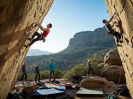 Climbers demonstrating power and endurance on a rock face, illustrating the debate of low-carb exercise for climbers.