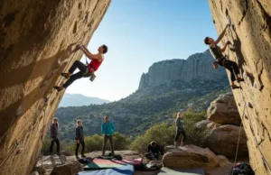Power vs. Endurance: Low-Carb Exercise for Climbers Climbers demonstrating power and endurance on a rock face, illustrating the debate of low-carb exercise for climbers.