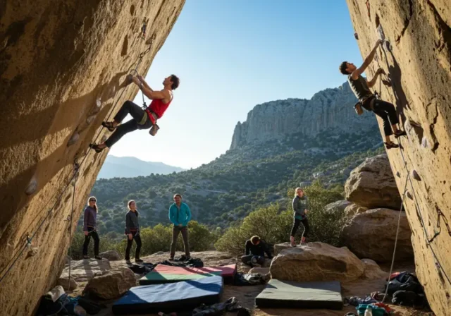 Climbers demonstrating power and endurance on a rock face, illustrating the debate of low-carb exercise for climbers.