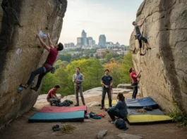 A diverse group of climbers engaging in both bouldering and roped climbing, with an urban skyline in the background, representing Raleigh's varied climbing scene.