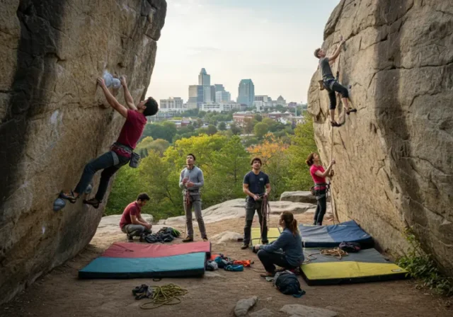 A diverse group of climbers engaging in both bouldering and roped climbing, with an urban skyline in the background, representing Raleigh's varied climbing scene.