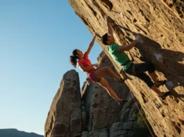Two climbers, male and female, ascending a steep rock face under clear skies, demonstrating strength and smart rock climbing training.