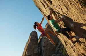 Smart Rock Climbing Training Program: Get Stronger Two climbers, male and female, ascending a steep rock face under clear skies, demonstrating strength and smart rock climbing training.