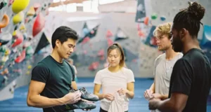 Smart Start: Essential Bouldering Gear Guide Four diverse climbers in a bouldering gym examining new bouldering gear, including shoes and a chalk bag, representing an essential bouldering gear guide.