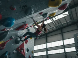 A skilled female climber completes a V4 bouldering problem in a bright, sunlit gym, demonstrating key tips on rock climbing progression.