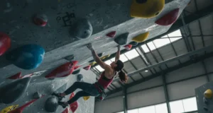 Tips on Rock Climbing: Go From Beginner to V4 A skilled female climber completes a V4 bouldering problem in a bright, sunlit gym, demonstrating key tips on rock climbing progression.