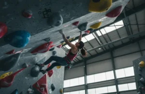 Tips on Rock Climbing: Go From Beginner to V4 A skilled female climber completes a V4 bouldering problem in a bright, sunlit gym, demonstrating key tips on rock climbing progression.