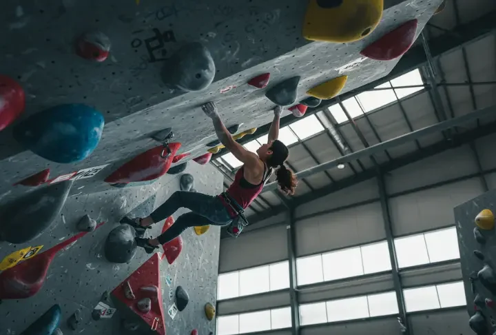 A skilled female climber completes a V4 bouldering problem in a bright, sunlit gym, demonstrating key tips on rock climbing progression.
