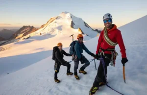 Ultimate Mt Baker Guided Climb Guide (2025) Diverse climbers and a guide ascend a glaciated slope on Mount Baker, illustrating an ultimate guided climb experience.