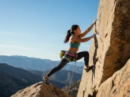A strong female climber executing a dynamic power and strength exercise on a real rock wall, demonstrating the pinnacle of climbing performance.