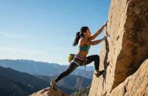 Unlock Power: Strength Exercises for Climbers A strong female climber executing a dynamic power and strength exercise on a real rock wall, demonstrating the pinnacle of climbing performance.