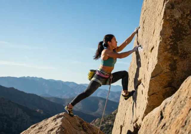 A strong female climber executing a dynamic power and strength exercise on a real rock wall, demonstrating the pinnacle of climbing performance.