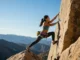 Unlock Power: Strength Exercises for Climbers A strong female climber executing a dynamic power and strength exercise on a real rock wall, demonstrating the pinnacle of climbing performance.