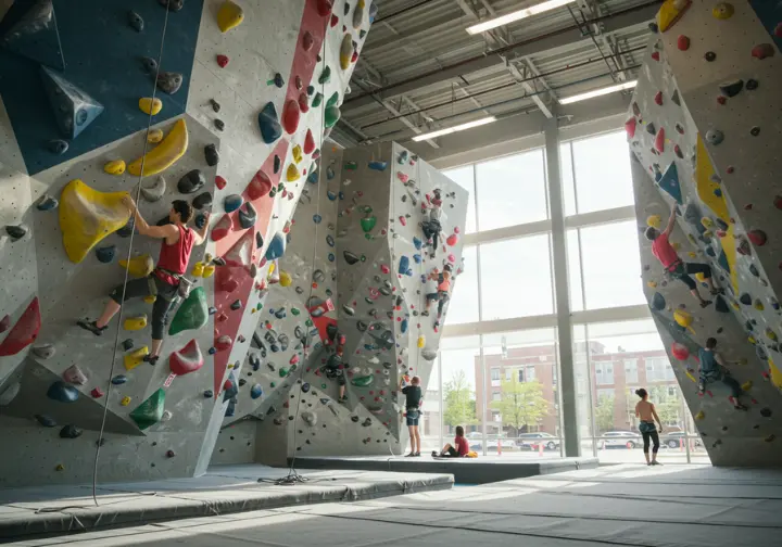 Interior view of a brightly lit indoor climbing gym in Raleigh, showing multiple climbers on bouldering, top-rope, and lead walls, highlighting diverse climbing experiences.