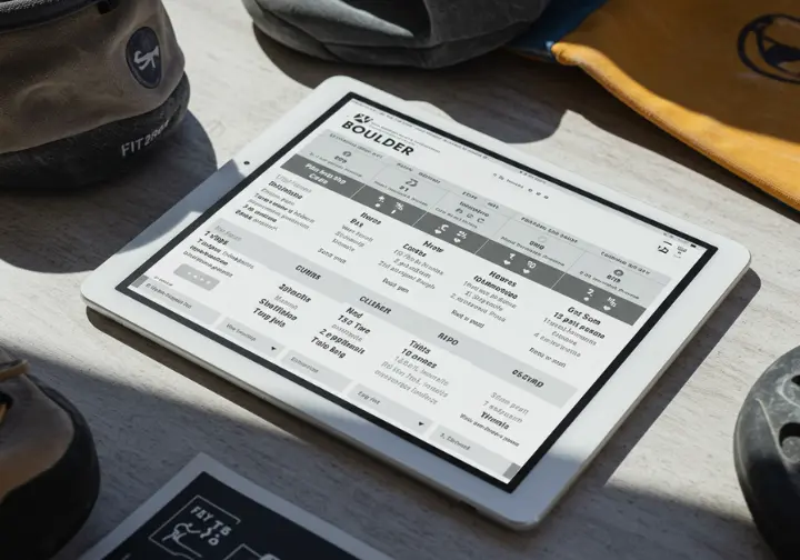 A comparative overview of Boulder climbing gyms, visually represented by a tablet displaying a clear feature comparison table, with climbing gear nearby.