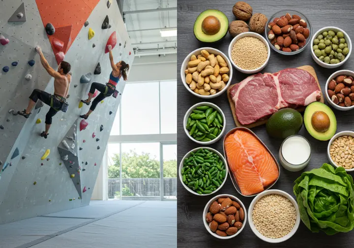Visual representation of climbing physiology (power, endurance) and distinct low-carb diet food examples for climbers.
