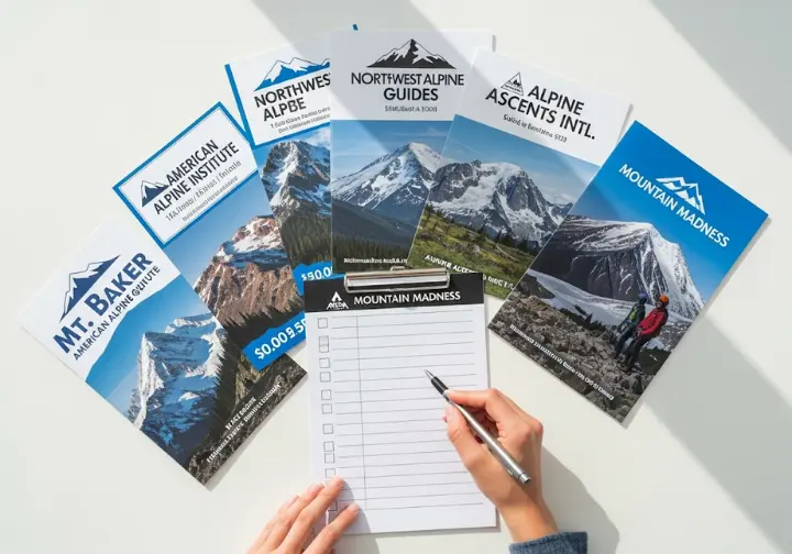 Flat lay of Mt. Baker guide service brochures with a hand poised over a comparison list, for choosing a guided climb.