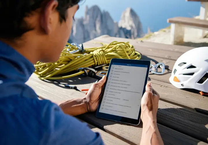 A person reviewing a checklist on a tablet, surrounded by climbing gear with a mountain background, illustrating the decision-making framework for choosing an outdoor rock climbing camp.
