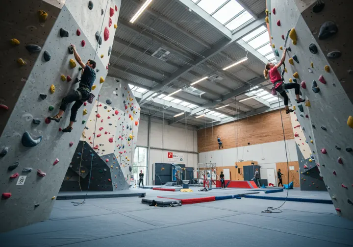 Climbers actively training in a modern indoor rock climbing gym, highlighting dedicated climbing gyms in Fort Myers.