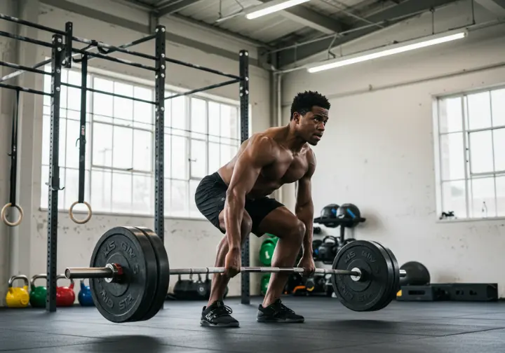 A climber building his foundational strength base with a heavy deadlift, a key off-the-wall power and strength exercise performed with perfect technique in a gym.