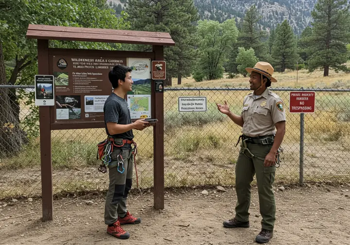 A male climber talks with a female park ranger at a trailhead kiosk, with a private property fence in the background, illustrating climbing access management on public and private lands.