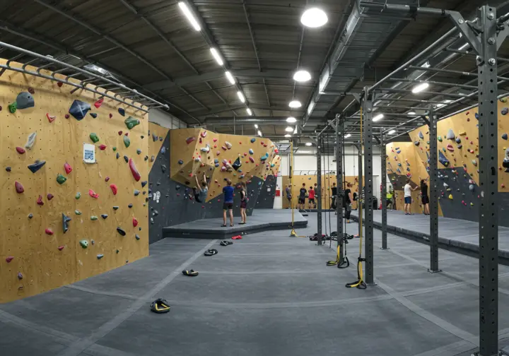 Inside a sunlit climbing gym, various training equipment like hangboards and pull-up bars are visible, representing the foundations of a rock climbing training program.