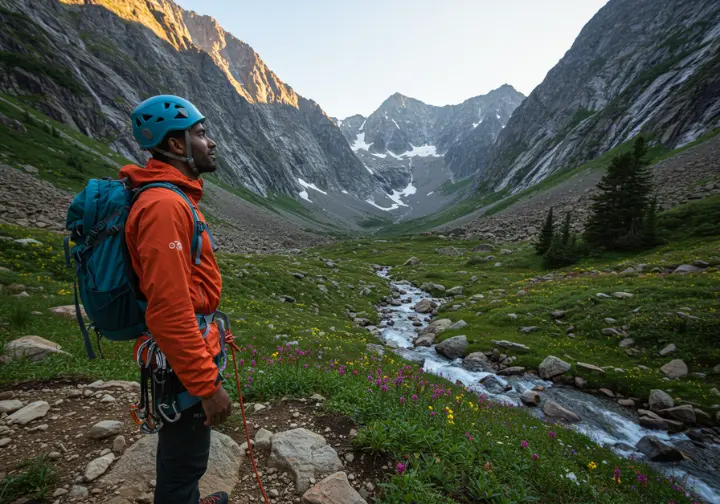 A male climber thoughtfully overlooking a pristine alpine valley, highlighting the imperative to protect such environments through non-negotiable waste management.