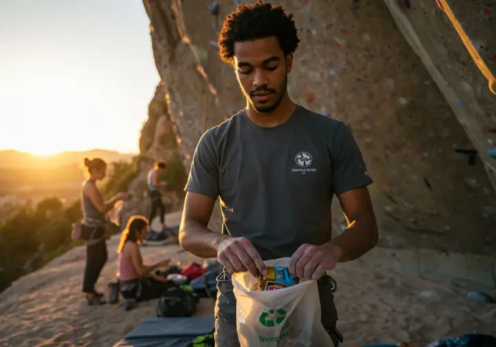 A male climber picks up extra litter at a crag, embodying the steward's mindset of moving from Leave No Trace to actively "giving back."