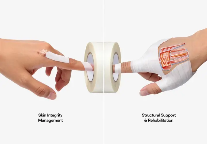 A single image conceptually illustrating the two primary uses of rock climbing finger tape: skin integrity management and structural support for pulleys.