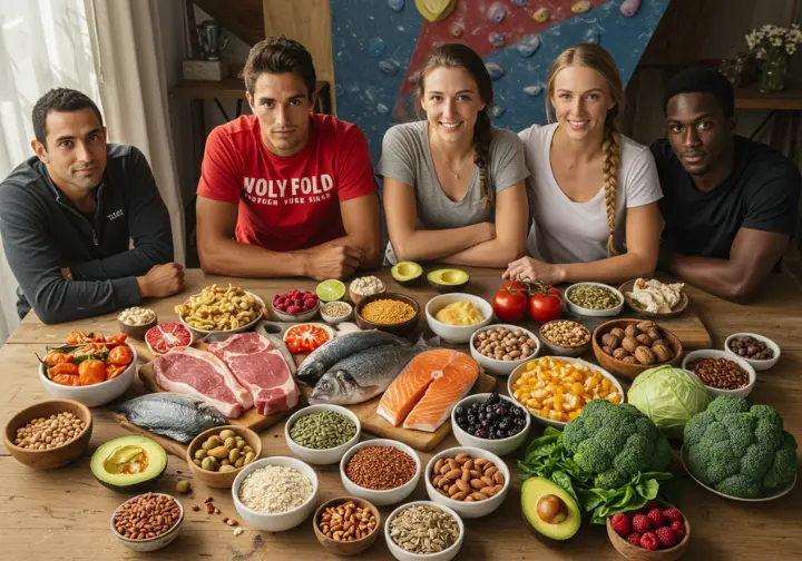 A table laden with diverse whole foods representing a high protein high fat low carb diet, with male and female climbers observing, illustrating the HPHFLC spectrum.