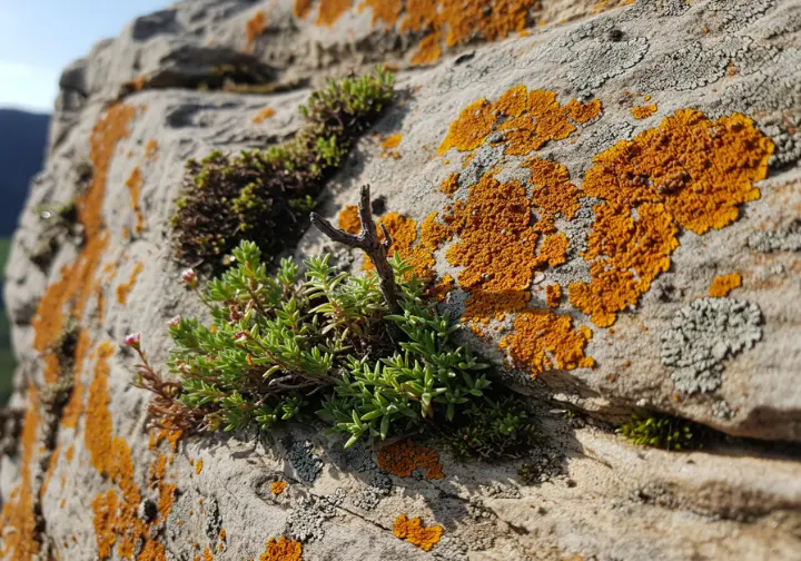Detailed close-up of a cliff face showing tiny plants, colorful lichens, and moss growing in crevices, illustrating the unique and fragile ecology of cliffs.