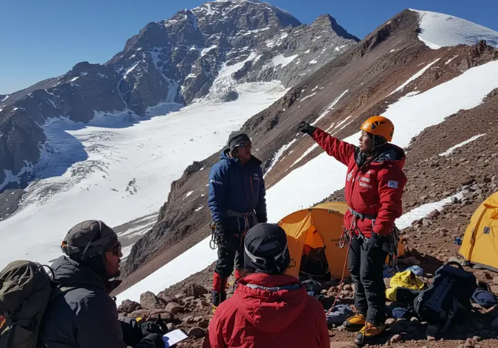 A mountain guide explains the different climbing routes on Aconcagua to a diverse group of climbers from a high viewpoint on the mountain.