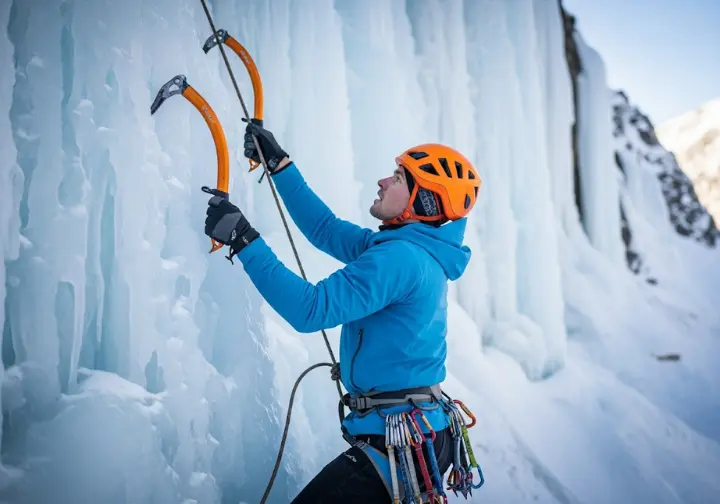 An ice climber using technical tools and a climbing harness with racked gear on steep ice, demonstrating the action and safety system.