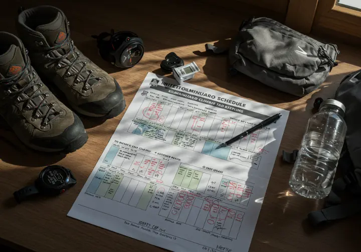 A detailed Kilimanjaro training plan laid out on a desk with hiking gear, illustrating the process of building a training plan.